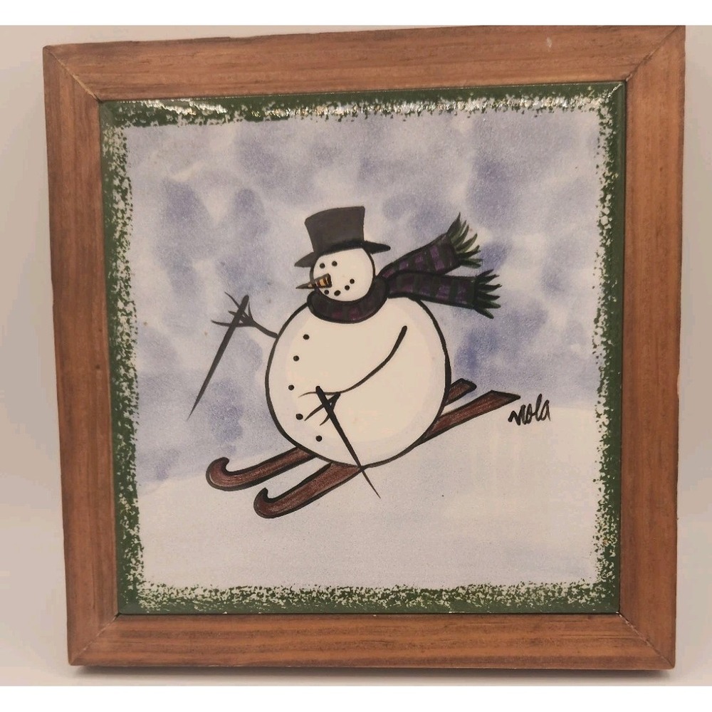 Vintage Nola Watkins‎ Homeplace Collection Snowman Skiing Tile Trivet